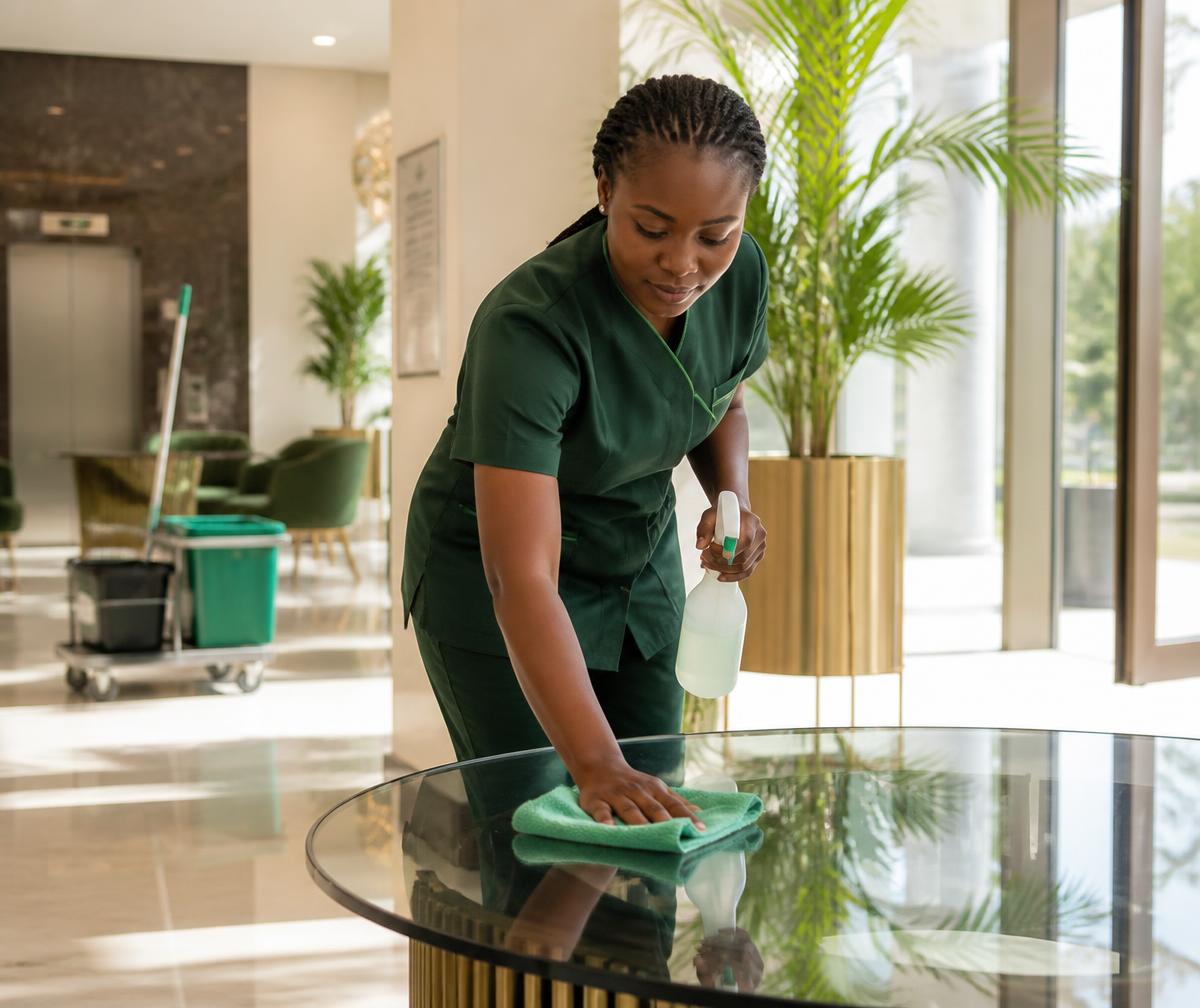 A professional cleaner caring for an immaculate office lobby